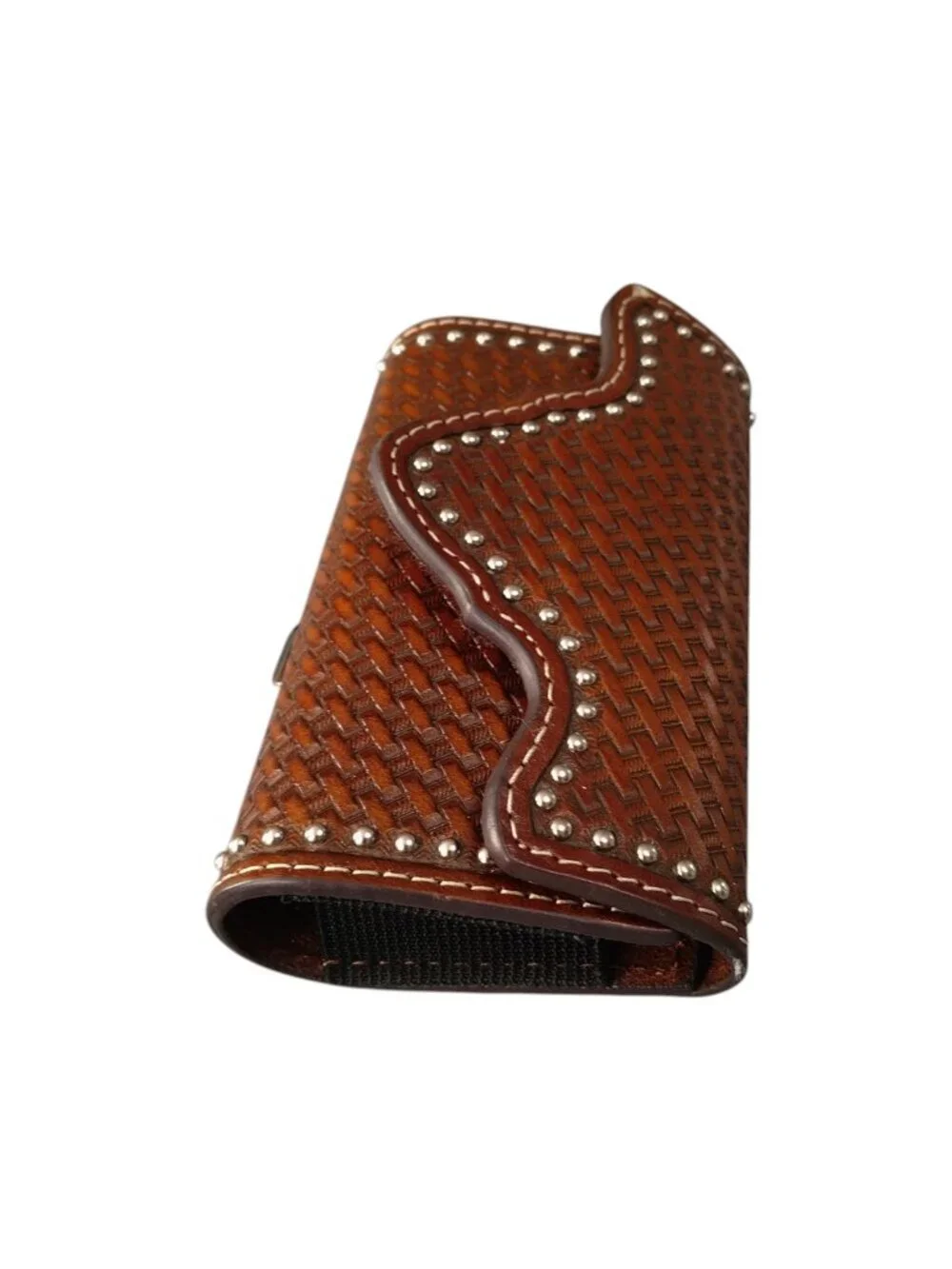 Nocona Basket Weave Brown Leather Belt Pouch Silver Studs With Clip Western